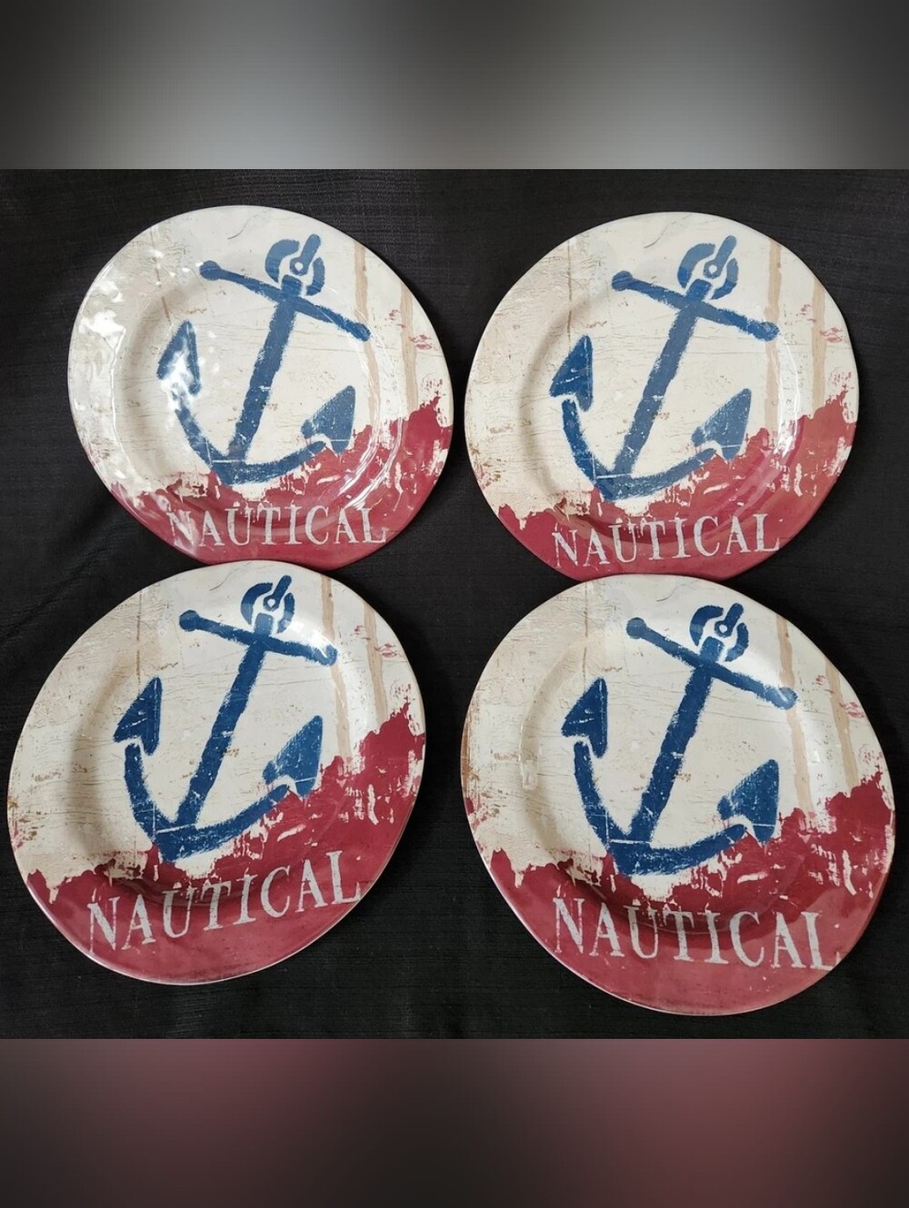 Wellington Studio Wild Apple Nautical Anchor Melamine Dinner Set 4 Plates 11"